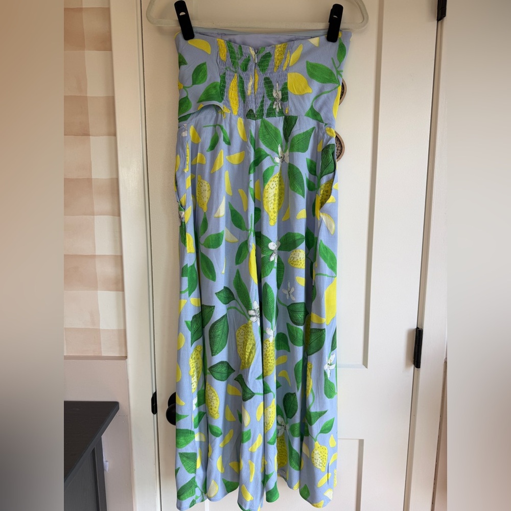 Maeve Light Blue Strapless Lemon Print Romper